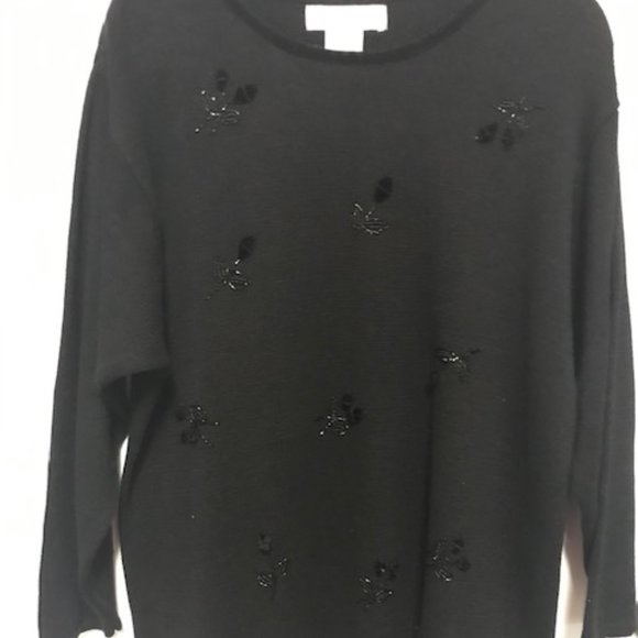 Victoria Jones Black Sweater. Beaded/Velvet Floral - Picture 1 of 3